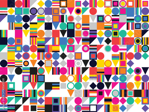 Vibrant geometric pattern with diverse shapes and colors