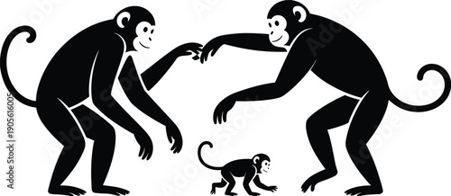 Monkey family vector silhouettes with parents and baby, wild jungle animal icons.
