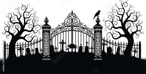 Gothic haunted cemetery gate silhouette with twisted trees gravestones and crow spooky halloween graveyard illustration isolated white background