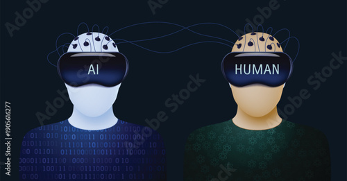 Human and AI Neural Synergy – Professional Futuristic Illustration of VR Interface and Bio-Digital Connection