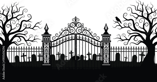 Haunted cemetery gate silhouette with spooky trees gravestones and crow gothic halloween graveyard illustration isolated on white background