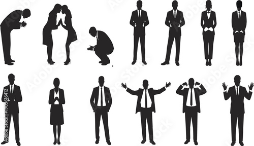 Silhouette of business people in professional attire, body language gestures, bowing, whispering, standing poses, workplace communication illustration design