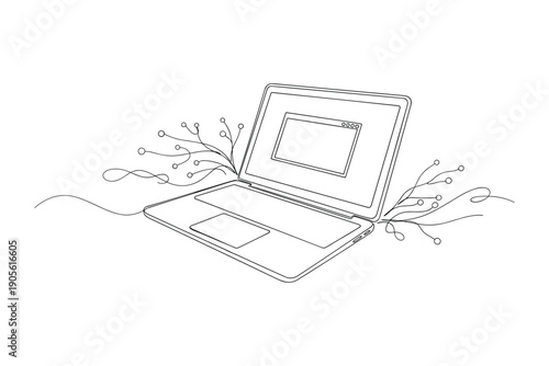 Vector open laptop with screen and abstract digital elements on checkered background