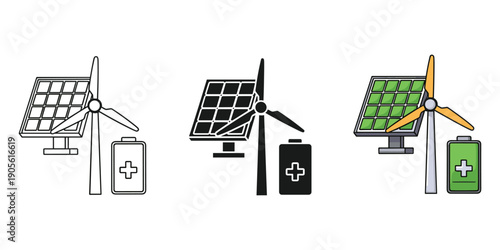 Renewable energy icons with solar panels and wind turbines