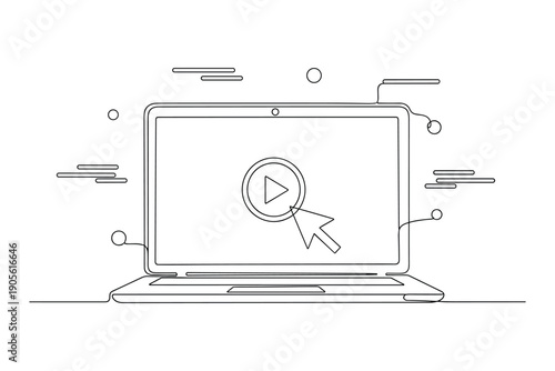 Vector laptop with play button and cursor on screen on checkered background