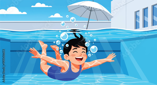 Cute boy swimming underwater in pool. Happy child diving in clear blue water during summer vacation. Cartoon kid enjoying swimming lesson at resort or backyard pool.