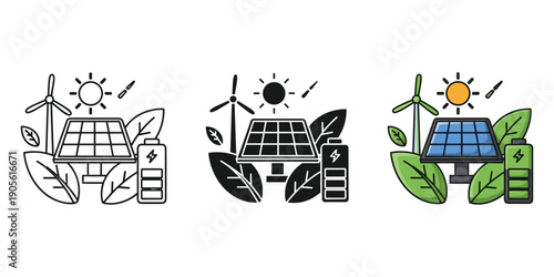 Renewable energy icons with solar panels and wind turbines