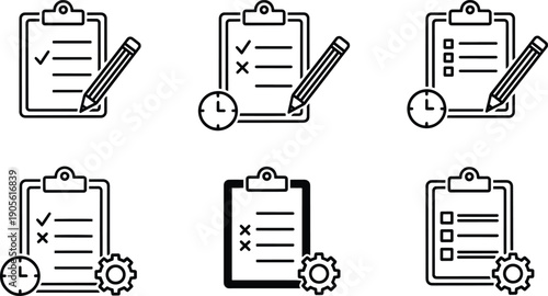 A set of vector silhouette line art illustrations featuring clipboards with checklists and office supplies