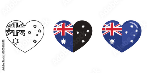 Australian flag heart shaped icons set