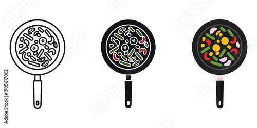 Colorful illustrations of frying pans with various food