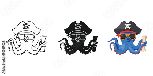 Pirate octopus character in various styles and colors