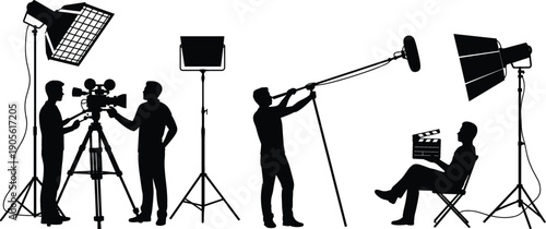 Silhouette of film crew on movie set, camera operators, director with clapperboard, boom microphone, studio lights, filmmaking production illustration scene