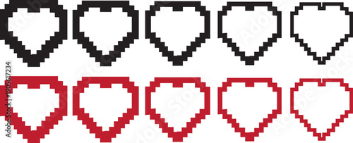 Pixel Heart Icon Set. 8 Bit Pixel Art. icon set. Pixel game life bar. Versatile love symbols for cards, apps
