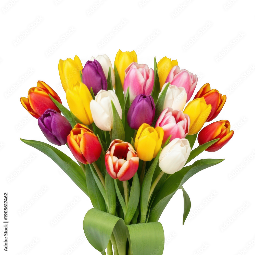 Naklejka premium Colorful bouquet of fresh tulips in a green vase isolated on transparent background