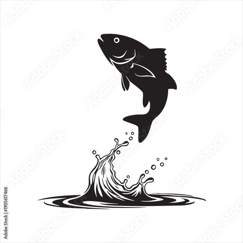Black silhouette fish jumping out water splashing drops isolated on white background art