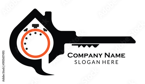 Creative house key logo with stopwatch element symbolizing real estate, time, and security, isolated on transparent background