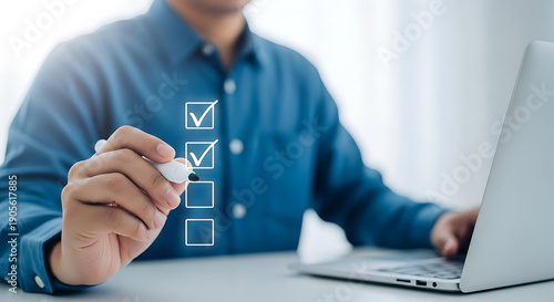 Professional completing digital checklist on virtual screen, symbolizing successful task management, online survey, and business efficiency