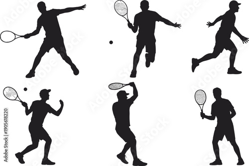 Silhouette of tennis players in action poses, serving, hitting ball, racket illustration, dynamic sports movement, athletic performance design
