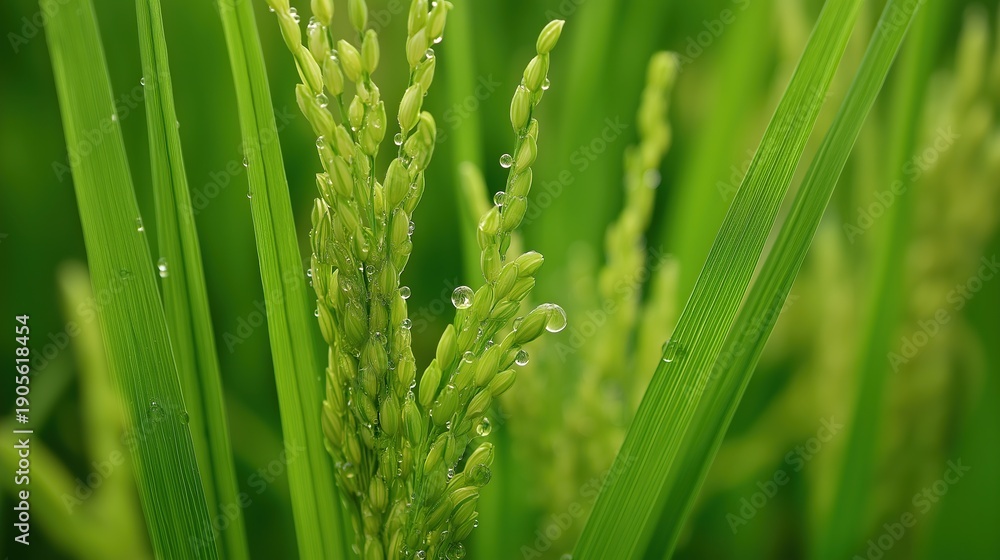 Obraz premium Close up of a rice grain with a green paddy field background and water droplets on the rice leaves, representing agriculture and nature
