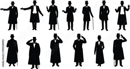 Silhouette of Victorian gentlemen in formal attire, top hats, bow ties, long coats, standing poses, waving, saluting, cane illustration