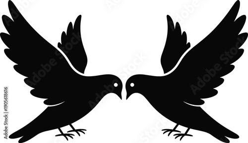 Two black flying pigeons silhouettes facing each other, peace dove birds in flight, spiritual symbol vector, minimalist wildlife design element.