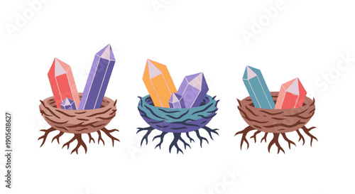 Crystals in nests with roots illustration.