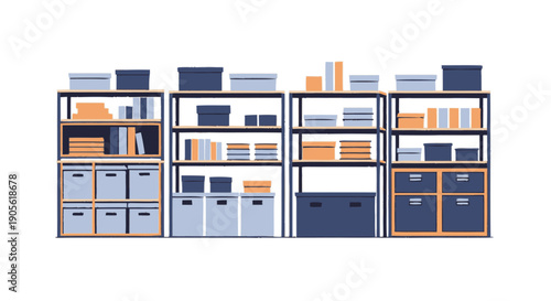 Office Storage Shelves with Various Items.