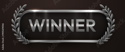 Elegant silver metallic winner badge with laurel wreath. This premium award design signifies triumph and success. Vector illustration