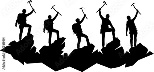Silhouette vector set of professional mountain climbers standing on rocky peaks and raising ice axes in triumph after a successful summit climb.