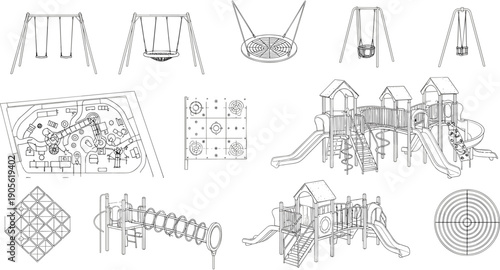 Outdoor playground equipment vector set featuring slides, swing sets, jungle gyms, and architectural top view layout plans for park design.