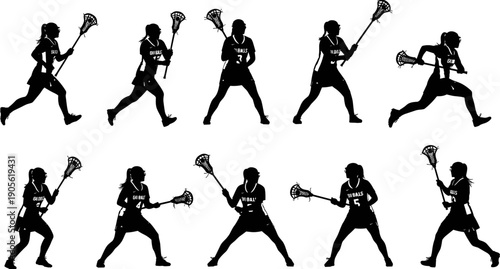 Silhouette vector set of female lacrosse players in action poses, running, catching, and shooting with lacrosse sticks for team sports design.