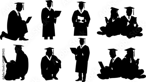 Silhouette vector set of graduate students in academic caps and gowns using laptops, tablets, and reading for university education and graduation.