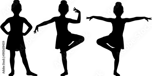 Silhouette vector set of young girl ballerinas and dancers performing graceful ballet poses, standing on one leg with arms outstretched.