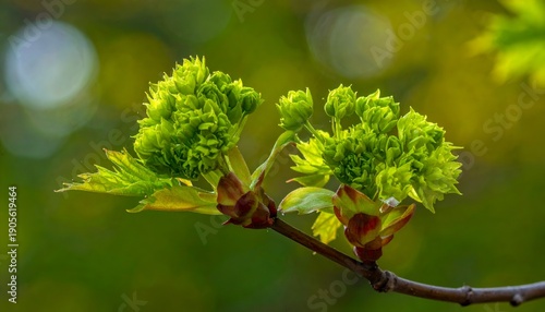 Twigs with vibrant green and red emerging buds against a blurred green and yellow bokeh background, signaling new growth