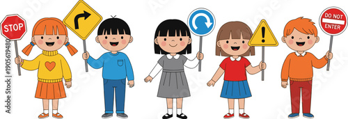 Colorful cartoon children holding various traffic and road safety signs including stop, turn, roundabout, warning, and do not enter symbols.