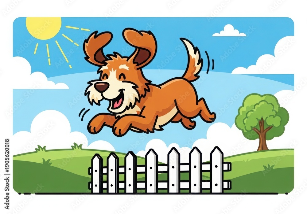 Fototapeta premium Happy dog jumping over fence in sunny garden vector illustration flat design