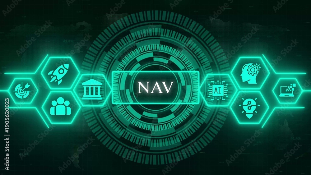 Fototapeta premium Digital interface with N A V central surrounded by hexagonal representing technology and finance concepts