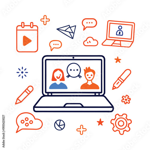 Laptop Displaying Video Call with Various Communication Icons application chat