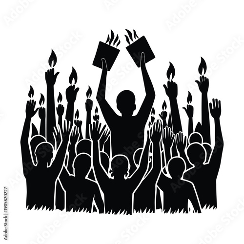 Silhouette crowd holding up candles and books in protest demonstration rally