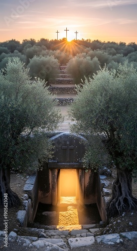 Easter sunrise in olive grove with ancient stone tunnel