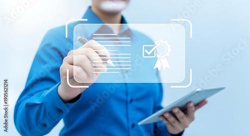 Person holding a tablet and pen, interacting with a digital quality assurance checklist and certification icon overlay