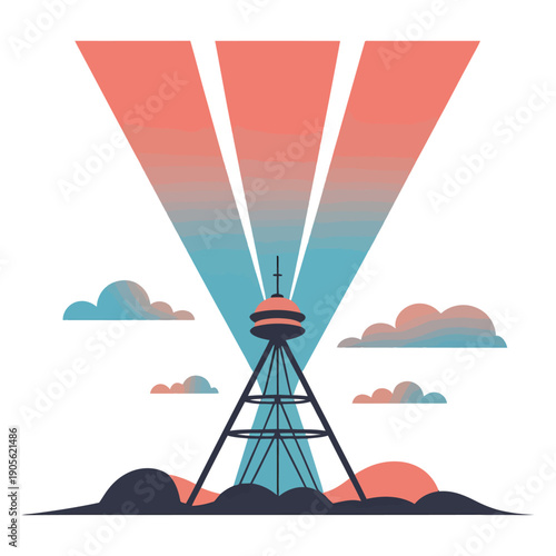 colorful vector illustration of a broadcast signal tower emitting wide communication waves representing connectivity transmission technology networking and data exchange concept