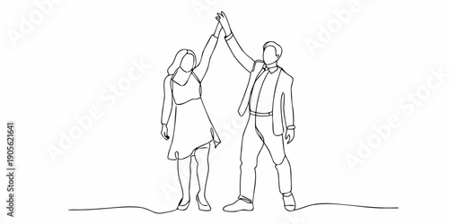 A couple celebrates success with a high five in a continuous line drawing