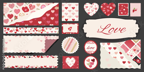 Collection of romantic heart themed stickers and decorative elements