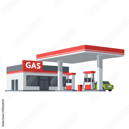 Modern Gas Station with Red Canopy and Green Car