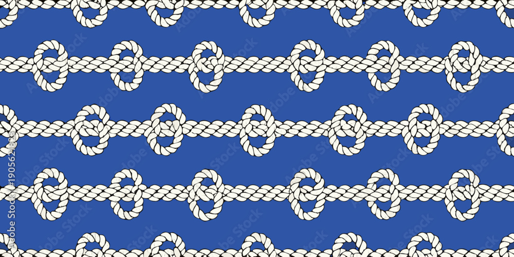 Fototapeta premium Repeating pattern of white ropes and knots on a vibrant blue background
