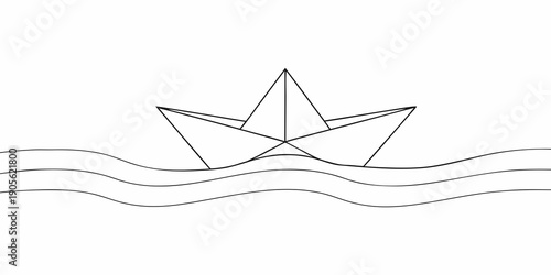 Simple line drawing of a paper boat floating on wavy water
