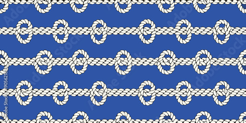Repeating pattern of white ropes and knots on a vibrant blue background