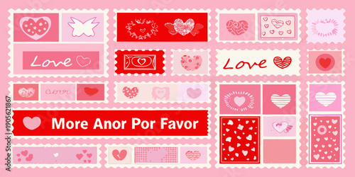 A collection of pink and red postage stamps with heart and love motifs