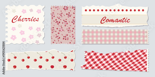 A collection of decorative paper scraps with cherry and floral motifs